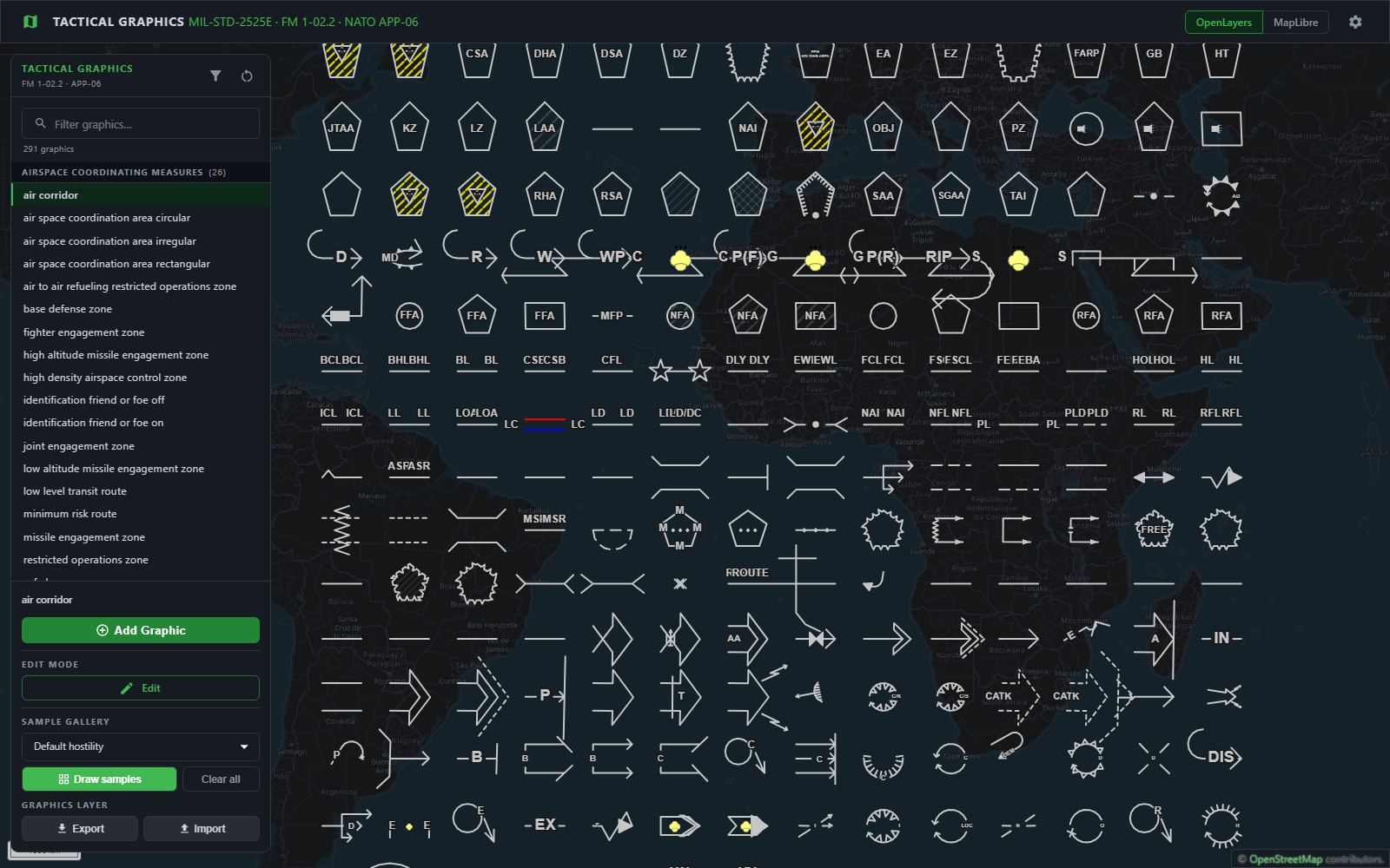 Tactical graphics generated by the Zaes library, including arrows, phase lines, mission tasks, obstacles, range fans, and area graphics